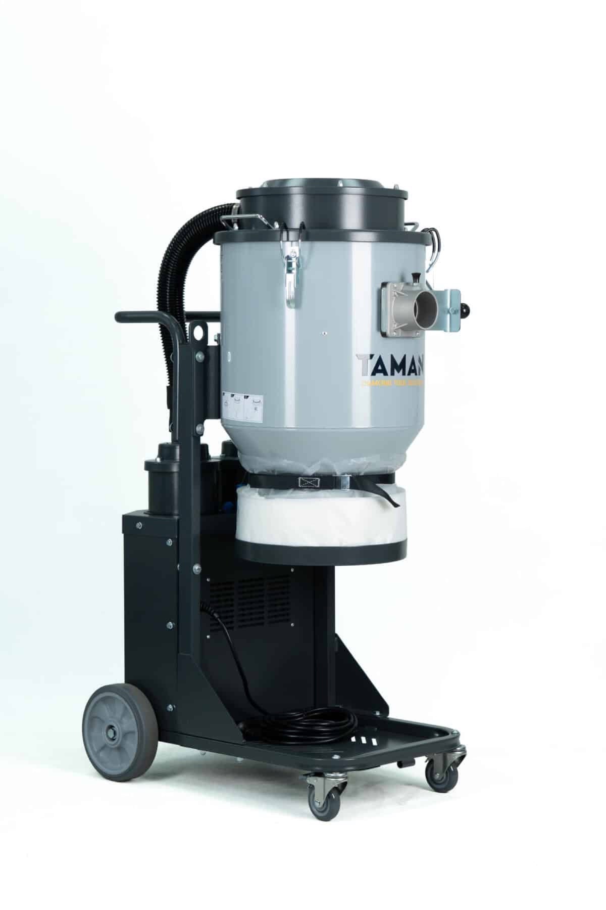 TAMAN TDE2-AC dust extractor front three quarter view with the drop down bag fitted